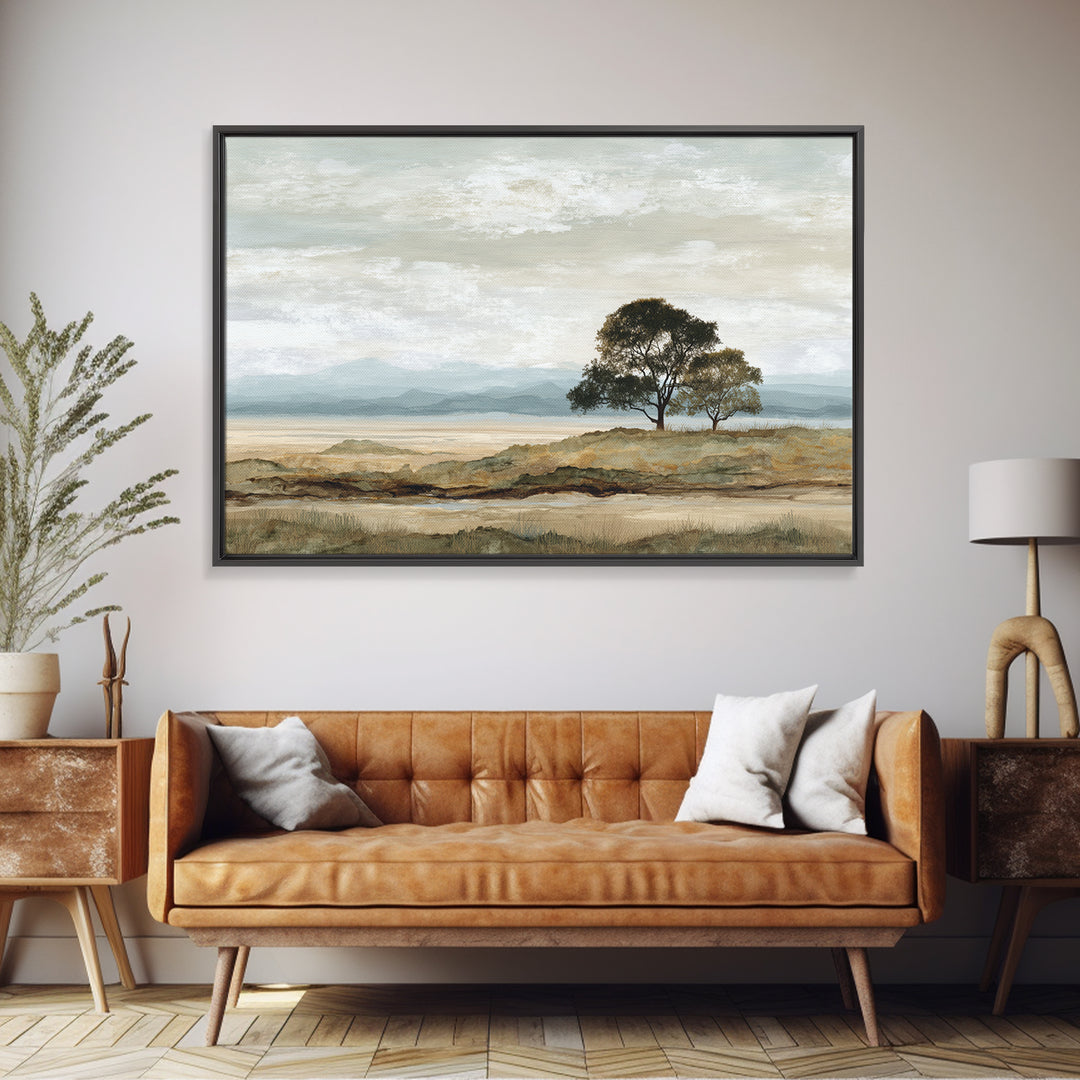 Wide Savanna with Acacia Silhouette Framed Canvas Print, Landscape Art, Living Room Wall Art, Living Room Decor, Oil Painting, LAN-3x2-23