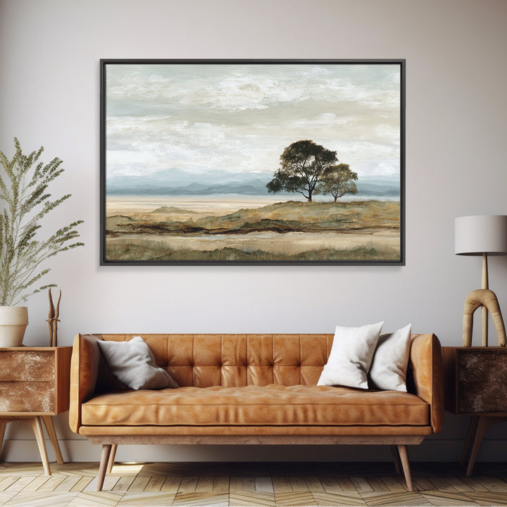 Wide Savanna with Acacia Silhouette Framed Canvas Print, Landscape Art, Living Room Wall Art, Living Room Decor, Oil Painting, LAN-3x2-23