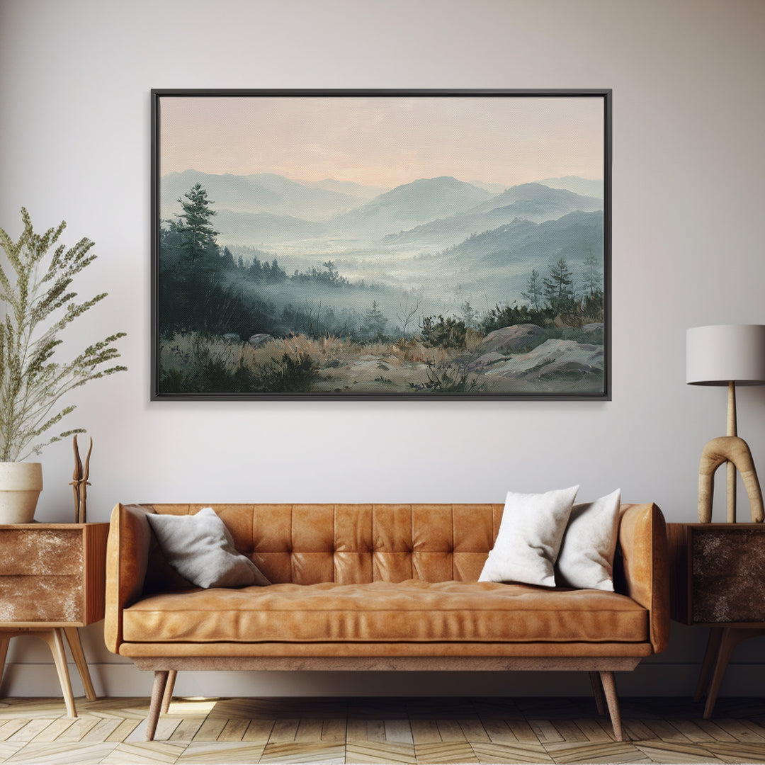 Misty Mountain Valley at Sunrise Canvas Print, Landscape Art, Modern Decor, Living Room Decor, Fine Art, Horizon, Wall Decor, LAN-3x2-29
