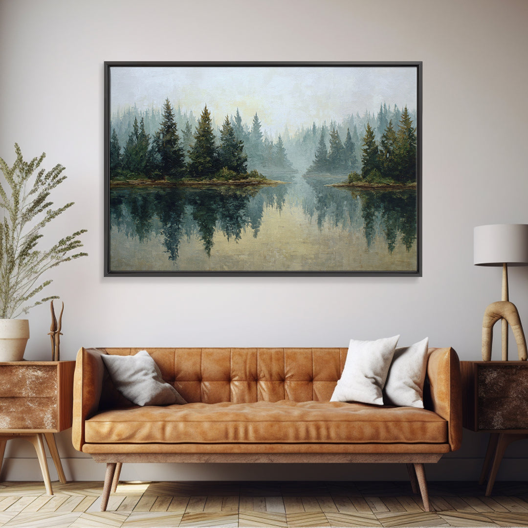 Quiet Lake Reflecting Pine Forest Canvas Print, Landscape Art, Living Room Wall Art, Living Room Decor, Oil Painting, Horizon, LAN-3x2-32