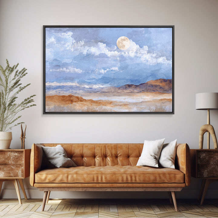 Desert Dunes under Pale Moon Framed Canvas Print, Landscape Art, Contemporary Art, Living Room Decor, Fine Art, Horizon, LAN-3x2-39
