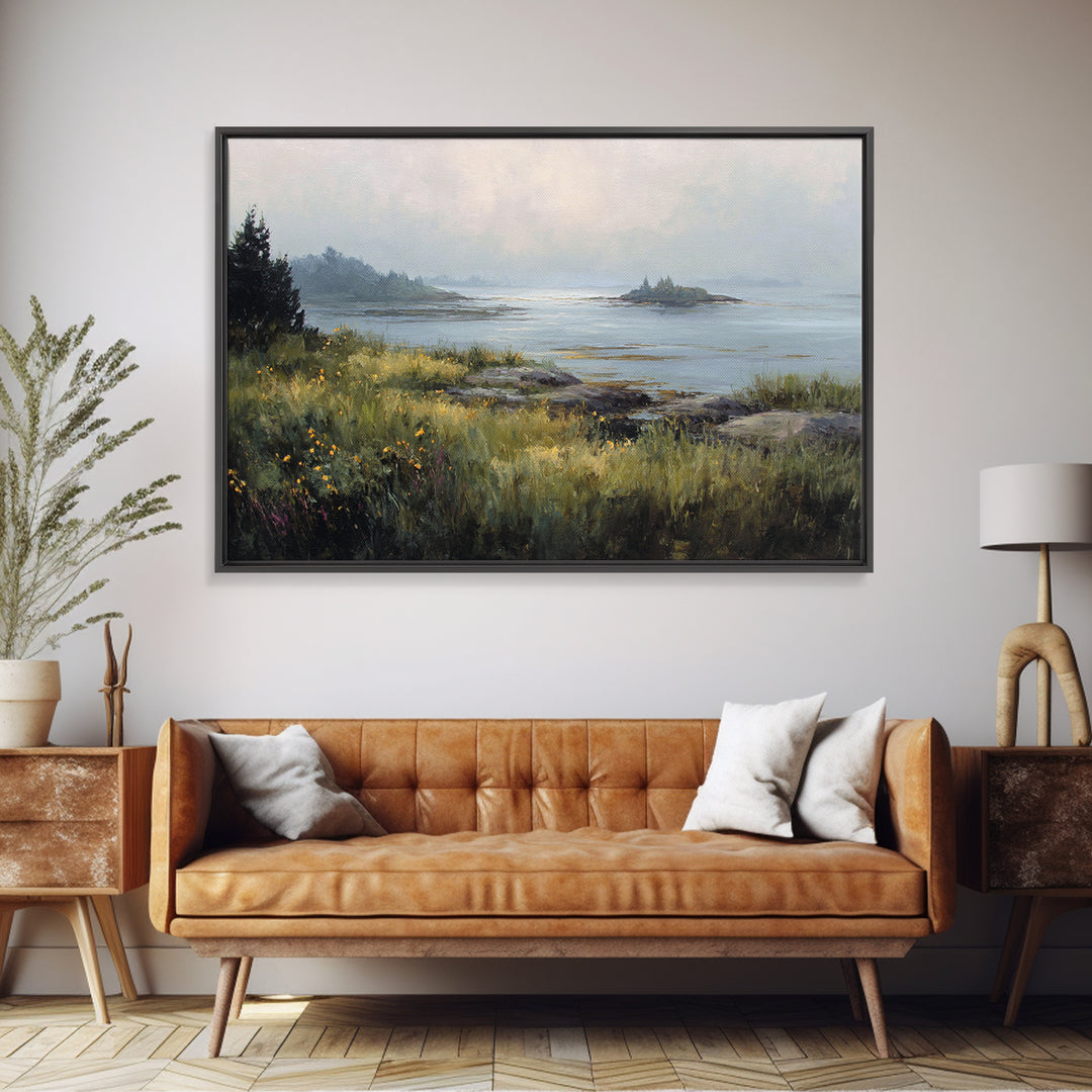 Sunlit Meadow with Wildflowers Framed Canvas Print, Landscape Art, Modern Art, Living Room Decor, Fine Art, Horizon, LAN-3x2-41
