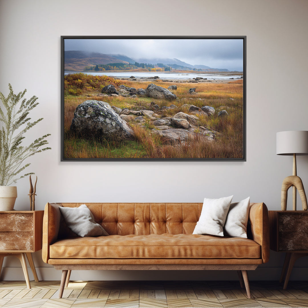 Rocky Scottish Highland Framed Canvas Print, Landscape Art, Gallery Decor, Living Room Decor, Fine Art, Horizon, Wall Art, LAN-3x2-45