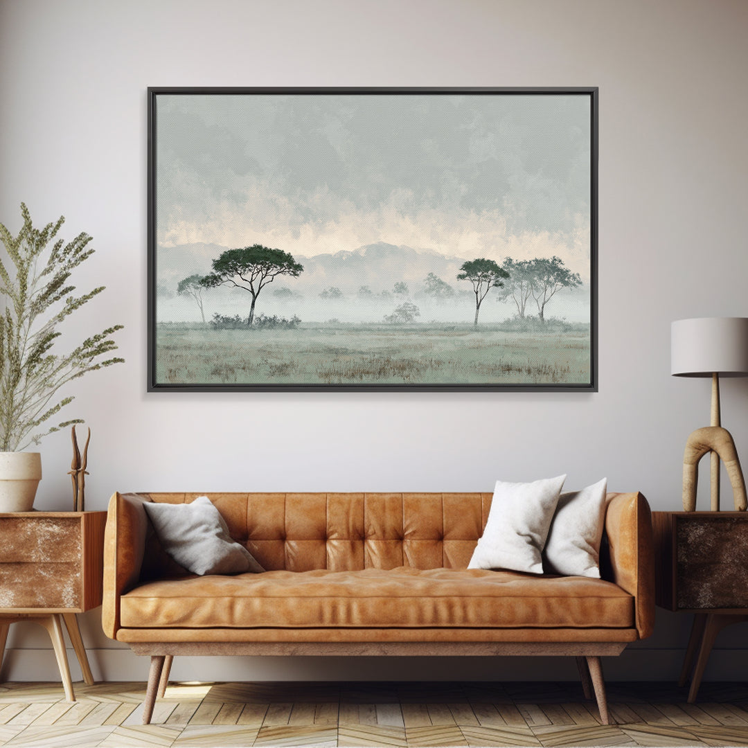 Wide Savanna with Acacia Silhouette Framed Canvas Print, Landscape Art, Digital Art, Living Room Decor, Fine Art, Horizon, LAN-3x2-47