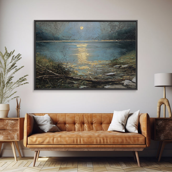 Moonlit River with Silver Reflections Canvas Print, Landscape Art, Neutral Decor, Living Room Decor, Oil Painting, Horizon, LAN-3x2-49