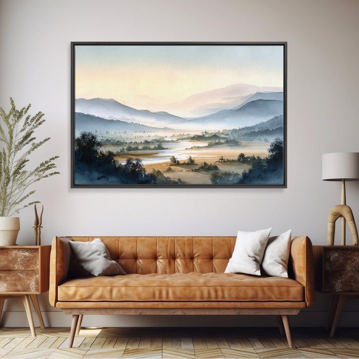 Misty Mountain Valley at Sunrise Framed Canvas Print, Landscape Art, Living Room Wall Art, Living Room Decor, Oil Painting, LAN-3x2-5