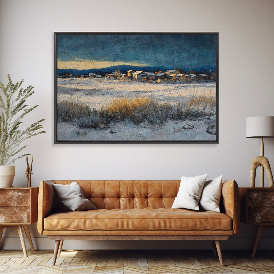 Snow Covered Alpine Village at Dusk Framed Canvas Print, Landscape Art, Digital Art, Living Room Decor, Fine Art, Horizon, LAN-3x2-59