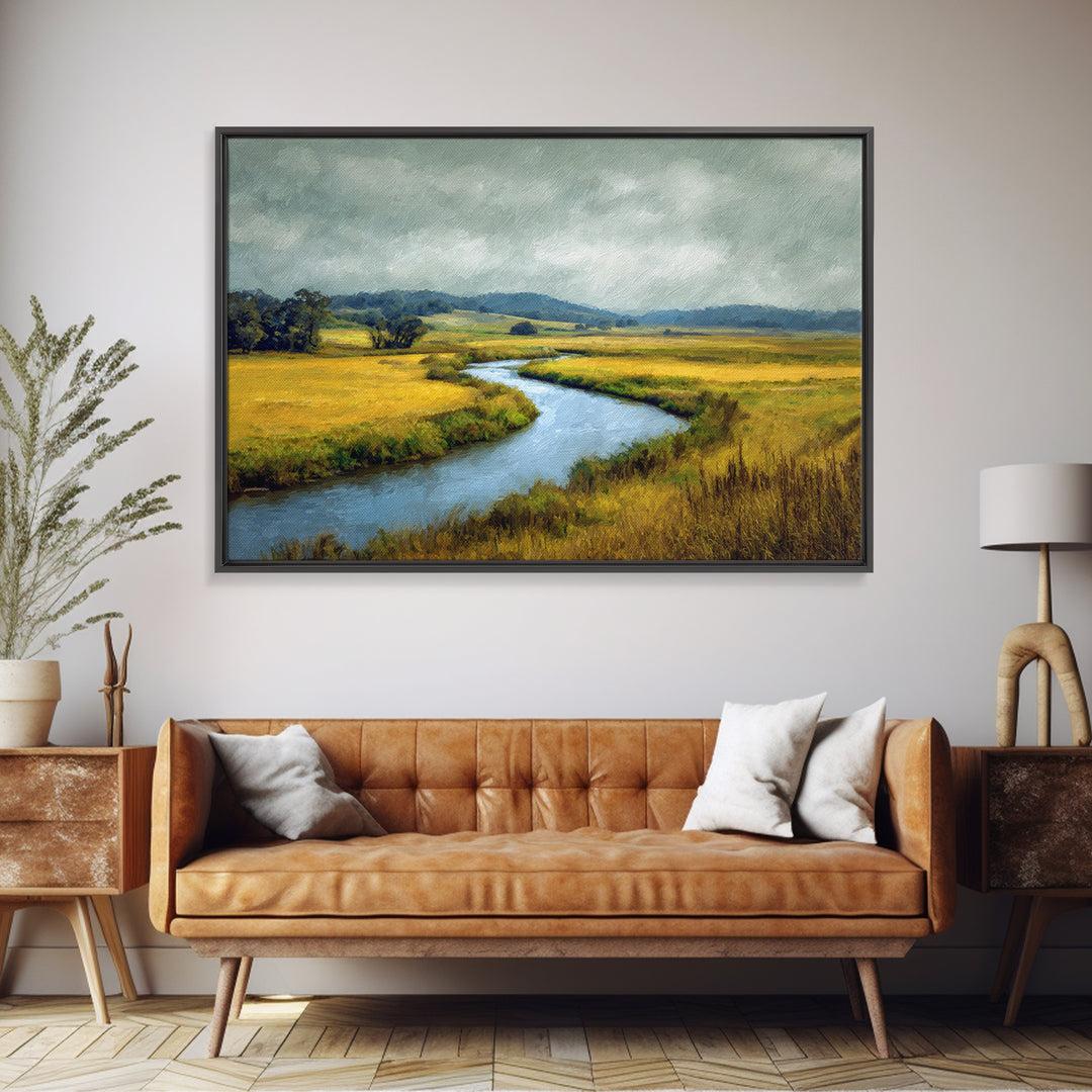 Winding River Through Golden Fields Framed Canvas Print, Landscape Art, Farmhouse Decor, Living Room Decor, Fine Art, Horizon, LAN-3x2-6