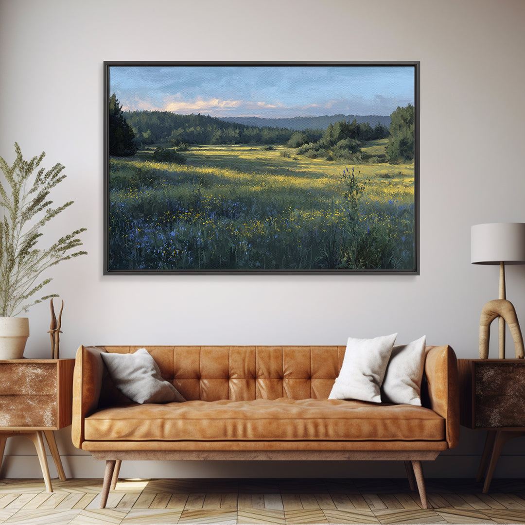 Sunlit Meadow with Wildflowers Framed Canvas Print, Landscape Art, Modern Art, Living Room Decor, Fine Art, Horizon, LAN-3x2-65