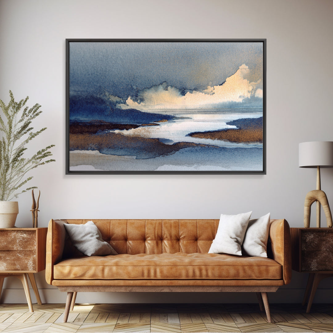 Moonlit River with Silver Reflections Canvas Print, Landscape Art, Neutral Decor, Living Room Decor, Oil Painting, Horizon, LAN-3x2-73
