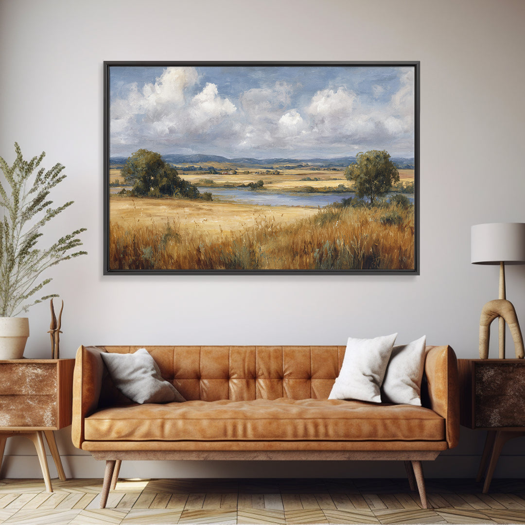 Golden Wheat Field Beneath Huge Clouds Canvas Print, Landscape Art, Luxury Decor, Living Room Decor, Fine Art, Horizon, LAN-3x2-76