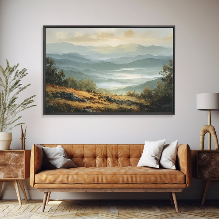 Misty Mountain Valley at Sunrise Framed Canvas Print, Landscape Art, Room Decor, Living Room Decor, Fine Art, Horizon, LAN-3x2-77
