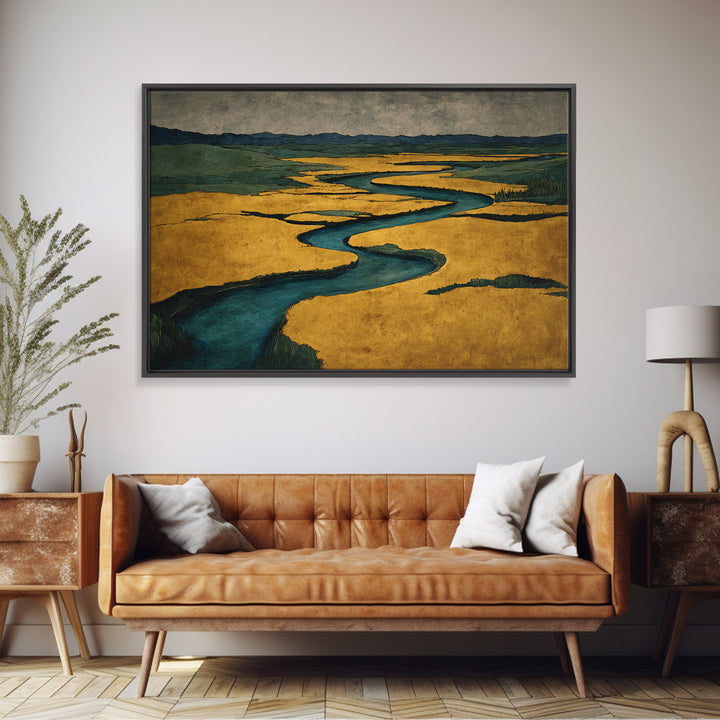 Winding River Through Golden Fields Framed Canvas Print, Landscape Art, Set of 3 Prints, Living Room Decor, Fine Art, Horizon, LAN-3x2-78