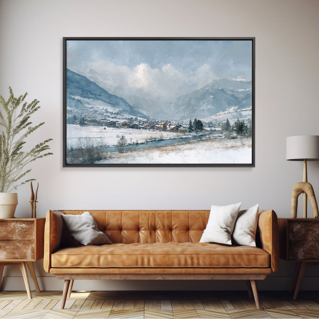 Snow Covered Alpine Village at Dusk Canvas Print, Landscape Art, Framed Wall Art, Living Room Decor, Oil Painting, Horizon, LAN-3x2-83