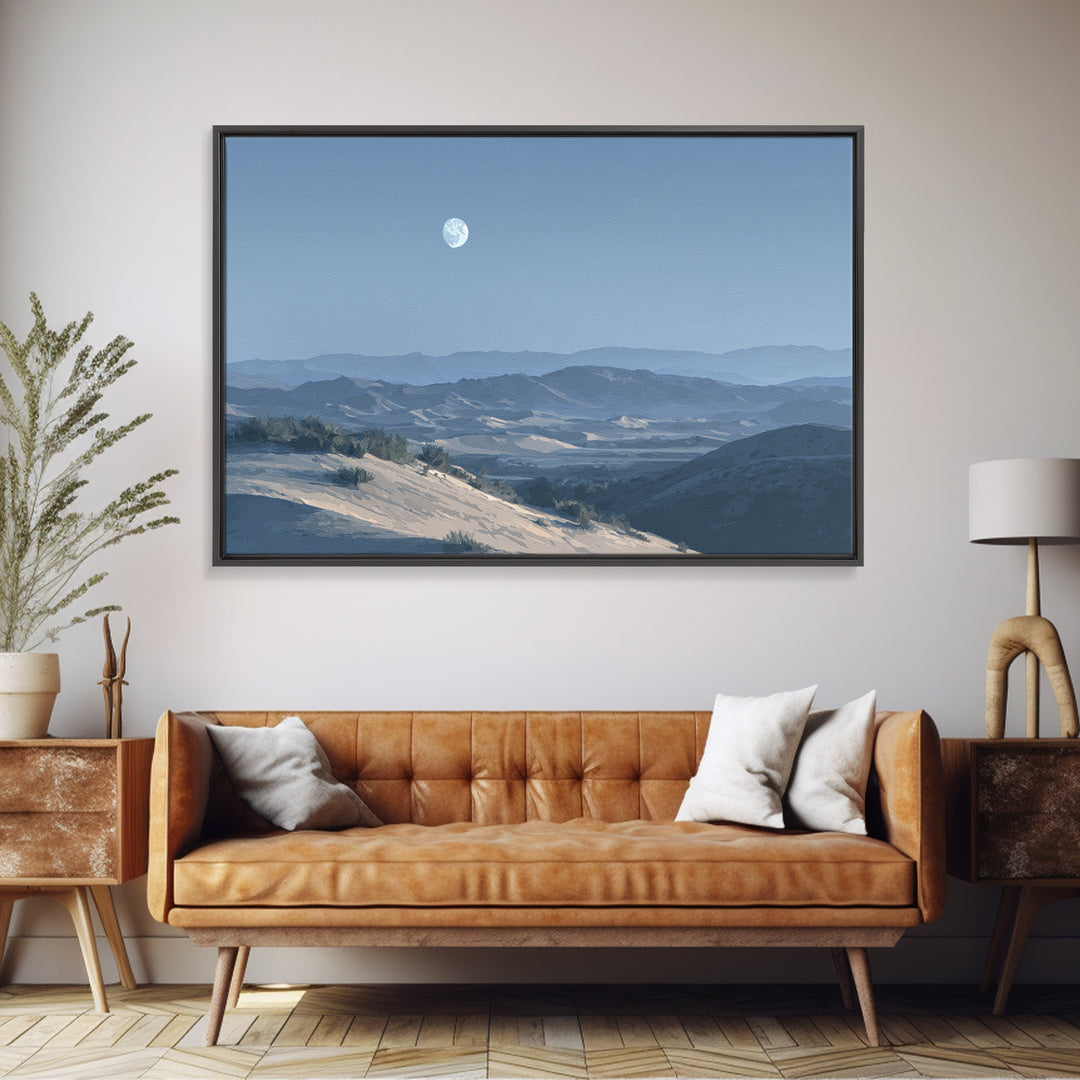 Desert Dunes under Pale Moon Framed Canvas Print, Landscape Art, Wall Decor, Living Room Decor, Fine Art, Horizon, LAN-3x2-87