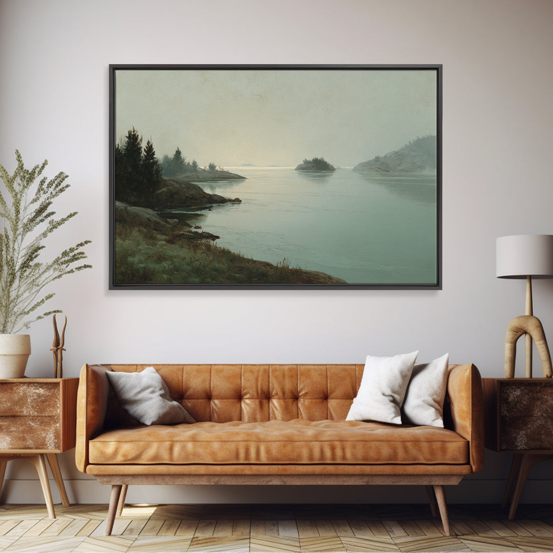 Fjord Landscape with Icy Blue Water Framed Canvas Print, Landscape Art, Digital Print, Living Room Decor, Fine Art, Horizon, LAN-3x2-91