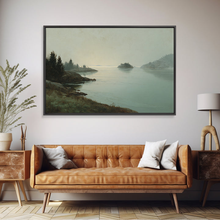 Fjord Landscape with Icy Blue Water Framed Canvas Print, Landscape Art, Digital Print, Living Room Decor, Fine Art, Horizon, LAN-3x2-91