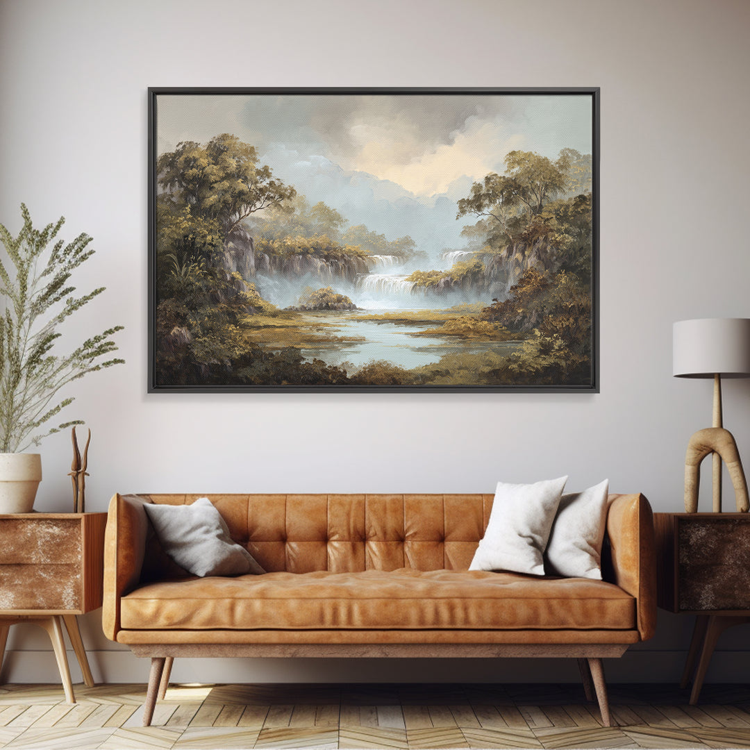 Tropical Jungle Waterfall Framed Canvas Print, Landscape Art, Digital Prints, Living Room Decor, Horizon, Farmhouse Decor, LAN-3x2-92