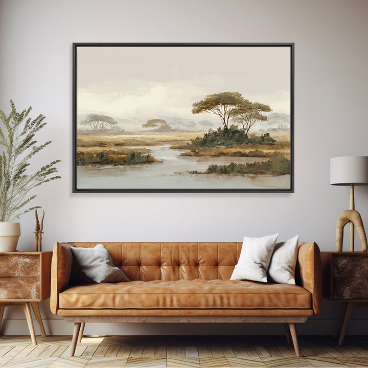 Wide Savanna with Acacia Silhouette Framed Canvas Print, Landscape Art, Digital Wall Art, Living Room Decor, Fine Art, Horizon, LAN-3x2-95