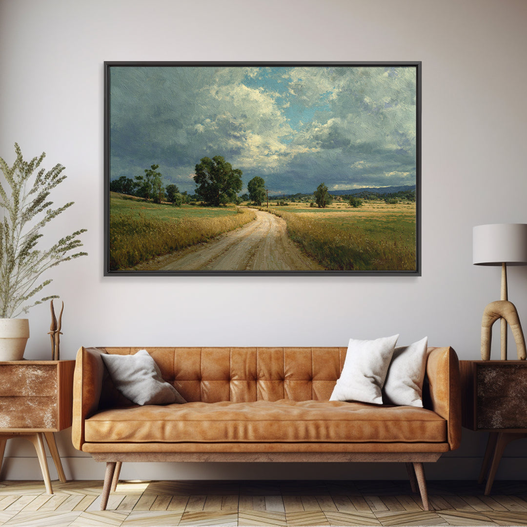 Old Country Road Framed Canvas Print, Landscape Art, Art Prints, Living Room Decor, Fine Art, Horizon, Abstract Wall Art, LAN-3x2-96