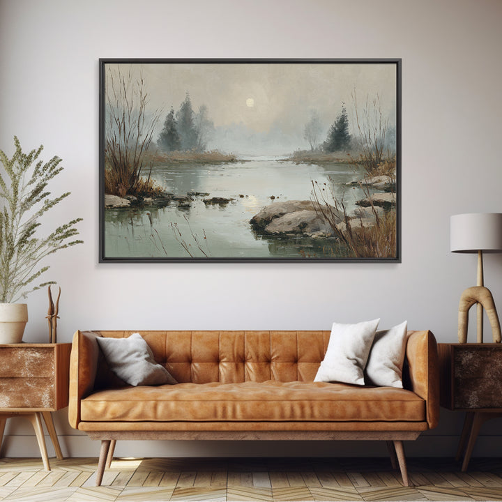 Moonlit River with Silver Reflections Framed Canvas Print, Landscape Art, Luxury Decor, Living Room Decor, Fine Art, Horizon, LAN-3x2-97