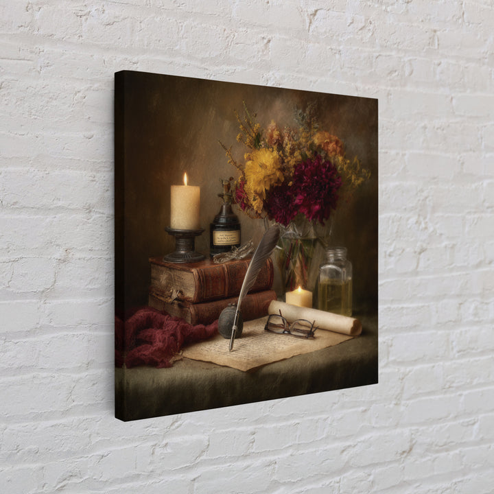 Fountain Pen and Parchment Framed Canvas Print, Library Art, Painting, Library Decor, Fine Art, Archive, Halloween Printable, LIB-1x1-12