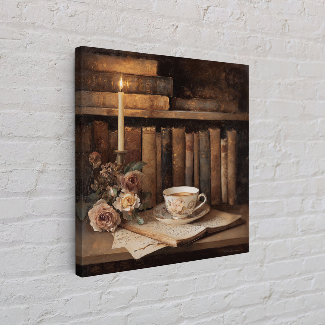 Teacup Beside a Novel and Roses Canvas Print, Library Art, Black Cat Art, Library Decor, Fine Art, Archive, Luxury Decor, LIB-1x1-14