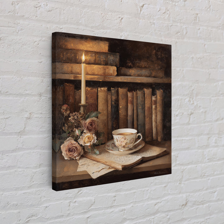 Teacup Beside a Novel and Roses Canvas Print, Library Art, Black Cat Art, Library Decor, Fine Art, Archive, Luxury Decor, LIB-1x1-14