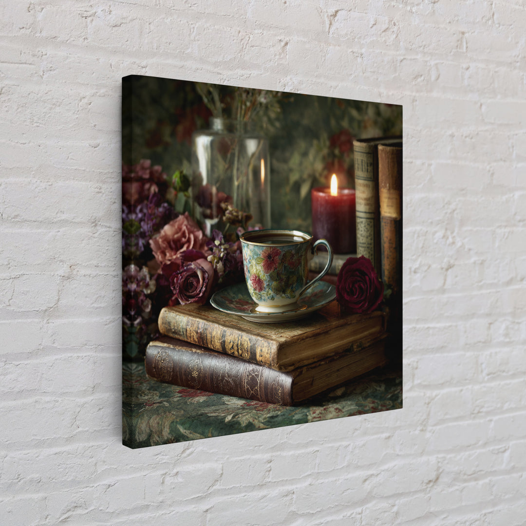 Teacup Beside a Novel and Roses Framed Canvas Print, Library Art, Gallery Decor, Library Decor, Fine Art, Archive, Wall Art, LIB-1x1-38