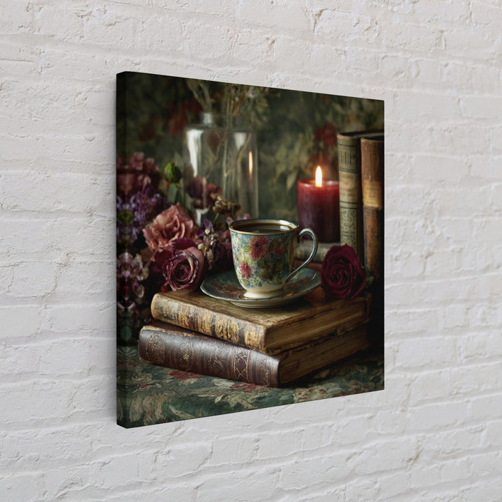 Teacup Beside a Novel and Roses Framed Canvas Print, Library Art, Gallery Decor, Library Decor, Fine Art, Archive, Wall Art, LIB-1x1-38