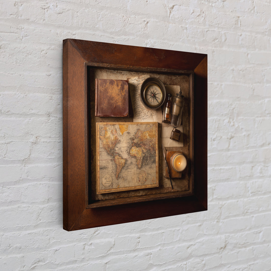 Map and Compass on Leather Bound Atlas Framed Canvas Print, Library Art, Room Decor, Library Decor, Fine Art, Archive, LIB-1x1-40
