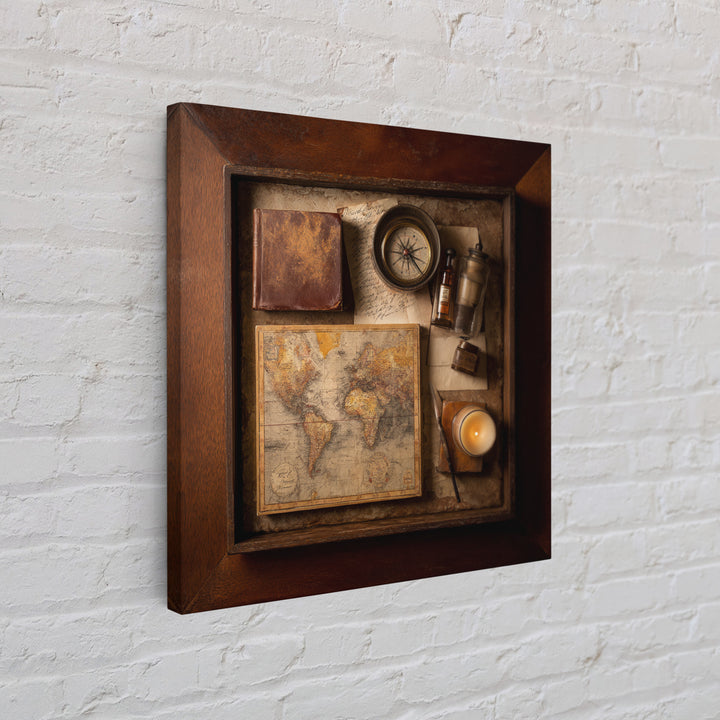 Map and Compass on Leather Bound Atlas Framed Canvas Print, Library Art, Room Decor, Library Decor, Fine Art, Archive, LIB-1x1-40