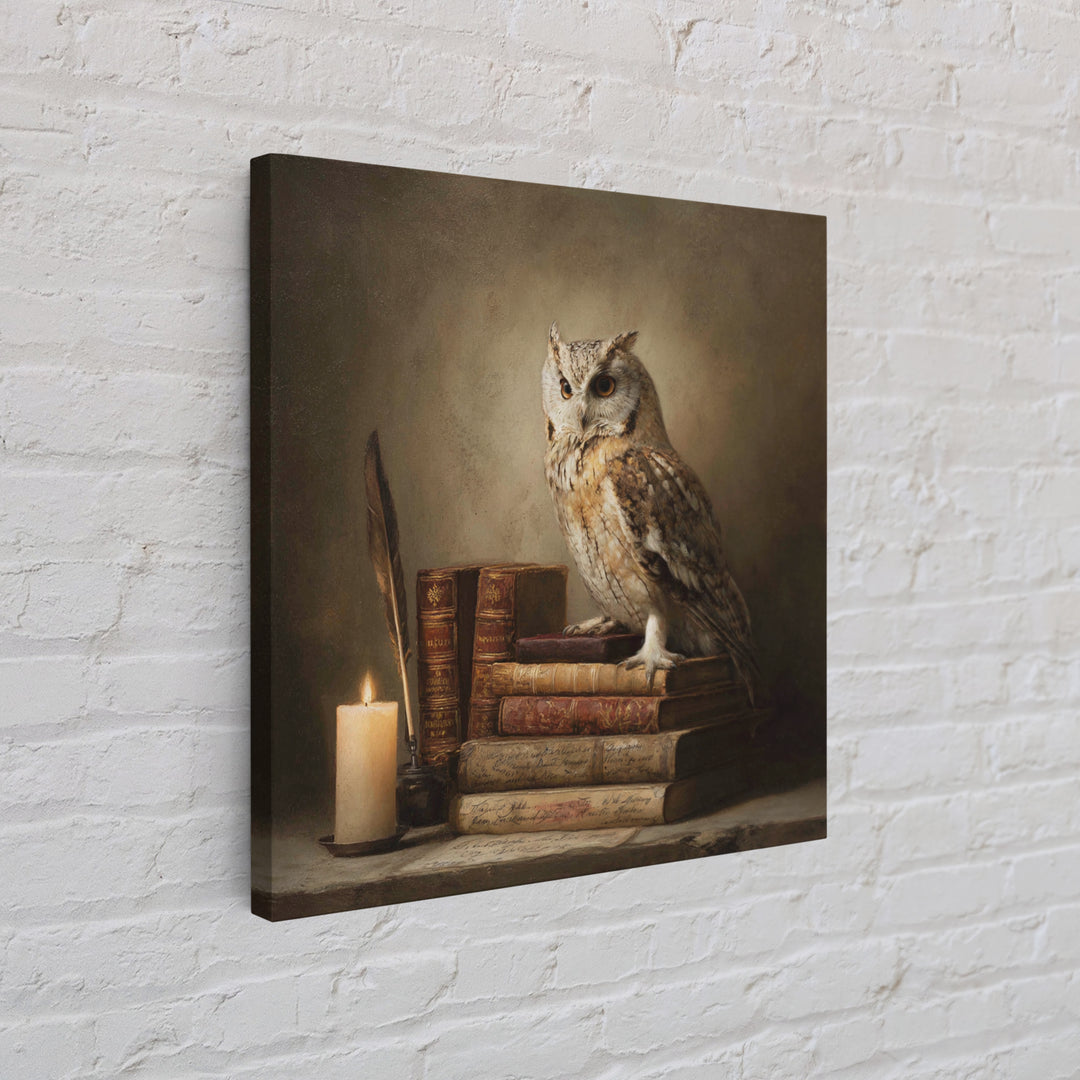 Owl Perched on a Pile of Antique Canvas Print, Library Art, Gothic Wall Decor, Library Decor, Fine Art, Archive, LIB-1x1-50