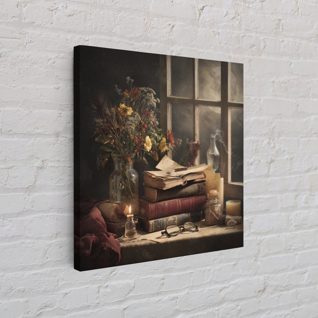 Moonlit Window with Floating Pages Framed Canvas Print, Library Art, Dark Academia Decor, Library Decor, Fine Art, Archive, LIB-1x1-56