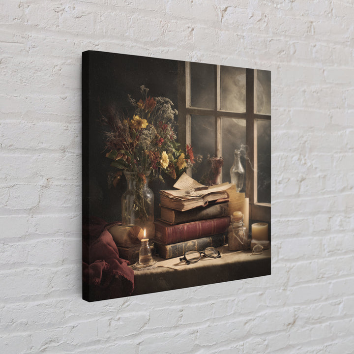 Moonlit Window with Floating Pages Framed Canvas Print, Library Art, Dark Academia Decor, Library Decor, Fine Art, Archive, LIB-1x1-56