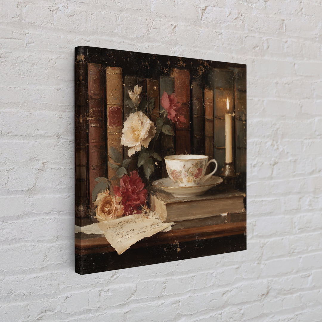 Teacup Beside a Novel and Roses Framed Canvas Print, Library Art, Gallery Decor, Library Decor, Fine Art, Archive, Wall Art, LIB-1x1-62