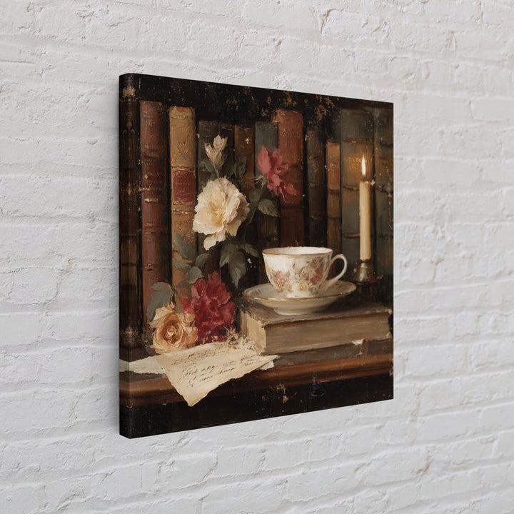 Teacup Beside a Novel and Roses Framed Canvas Print, Library Art, Gallery Decor, Library Decor, Fine Art, Archive, Wall Art, LIB-1x1-62