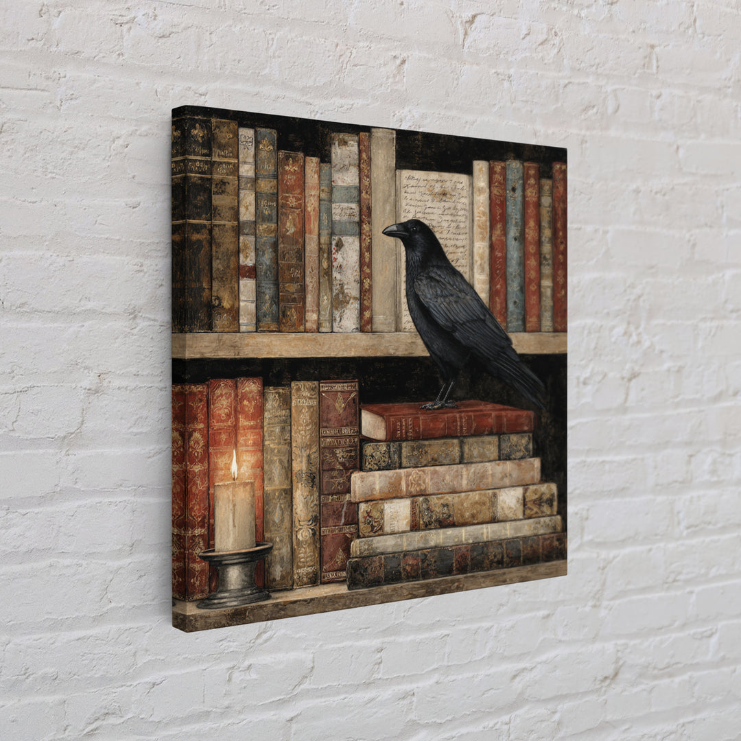 Black Raven Perched on Closed Book Framed Canvas Print, Library Art, Reading Nook Decor, Library Decor, Fine Art, Archive, LIB-1x1-70