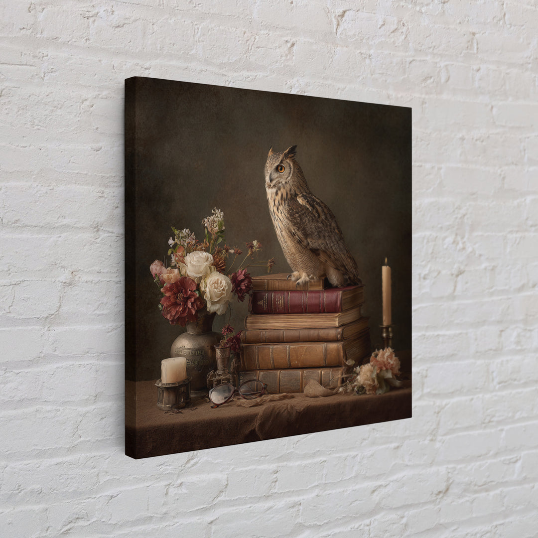 Owl Perched on a Pile of Antique Framed Canvas Print, Library Art, Fine Art Print, Library Decor, Fine Art, Archive, Painting, LIB-1x1-74
