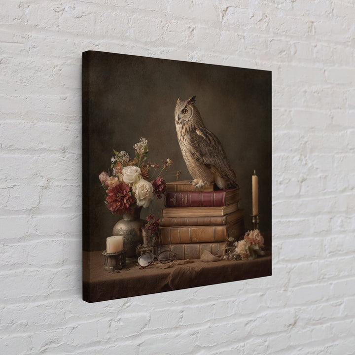 Owl Perched on a Pile of Antique Framed Canvas Print, Library Art, Fine Art Print, Library Decor, Fine Art, Archive, Painting, LIB-1x1-74