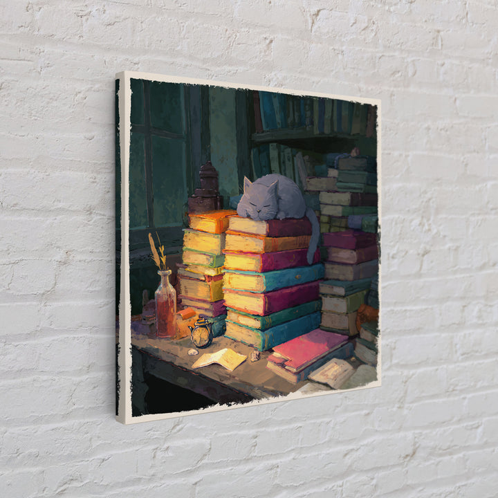Cat Sleeping on a Book Stack Framed Canvas Print, Library Art, Boho Decor, Library Decor, Oil Painting, Archive, Digital Art, LIB-1x1-79
