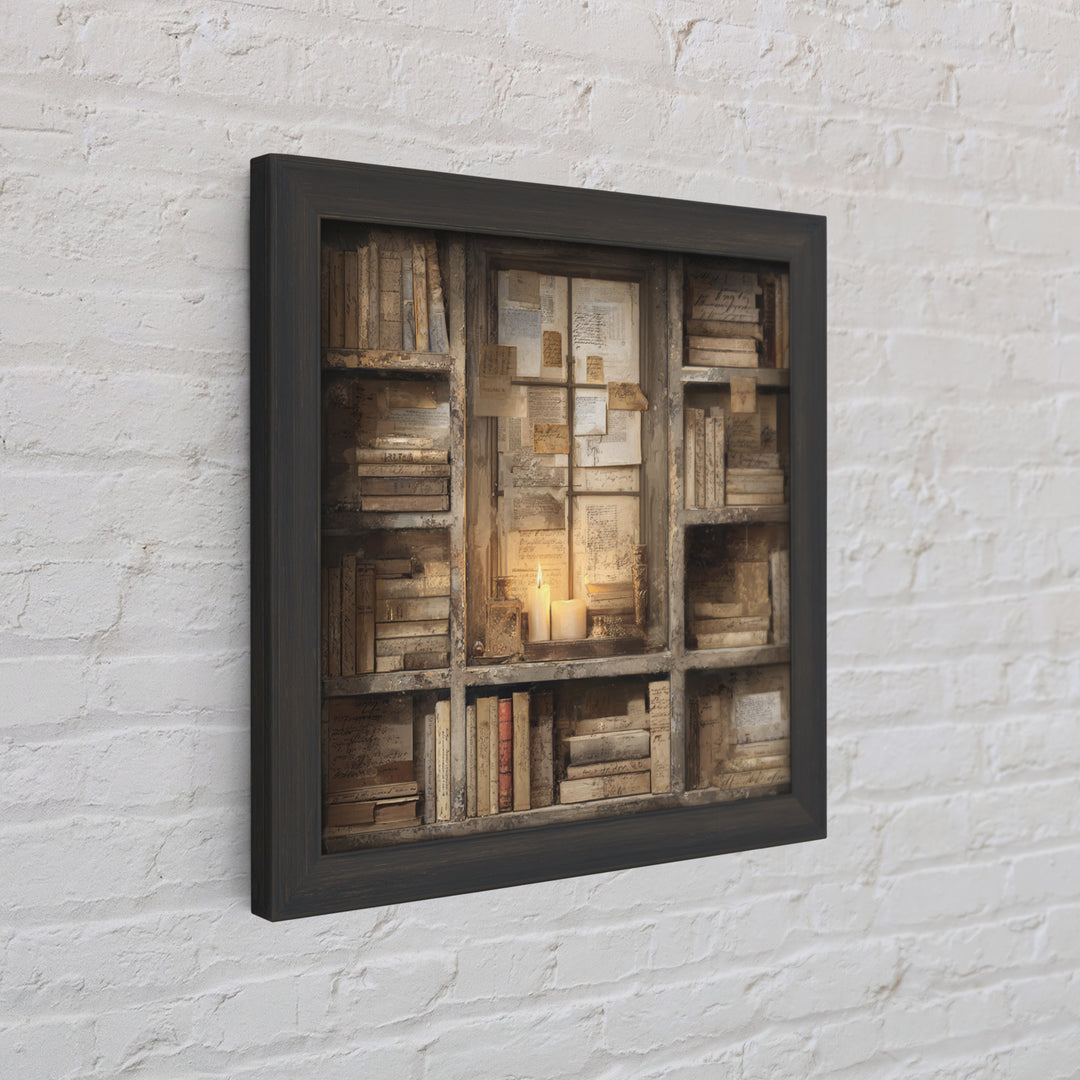 Moonlit Window with Floating Pages Framed Canvas Print, Library Art, Fine Art Print, Library Decor, Fine Art, Archive, LIB-1x1-80