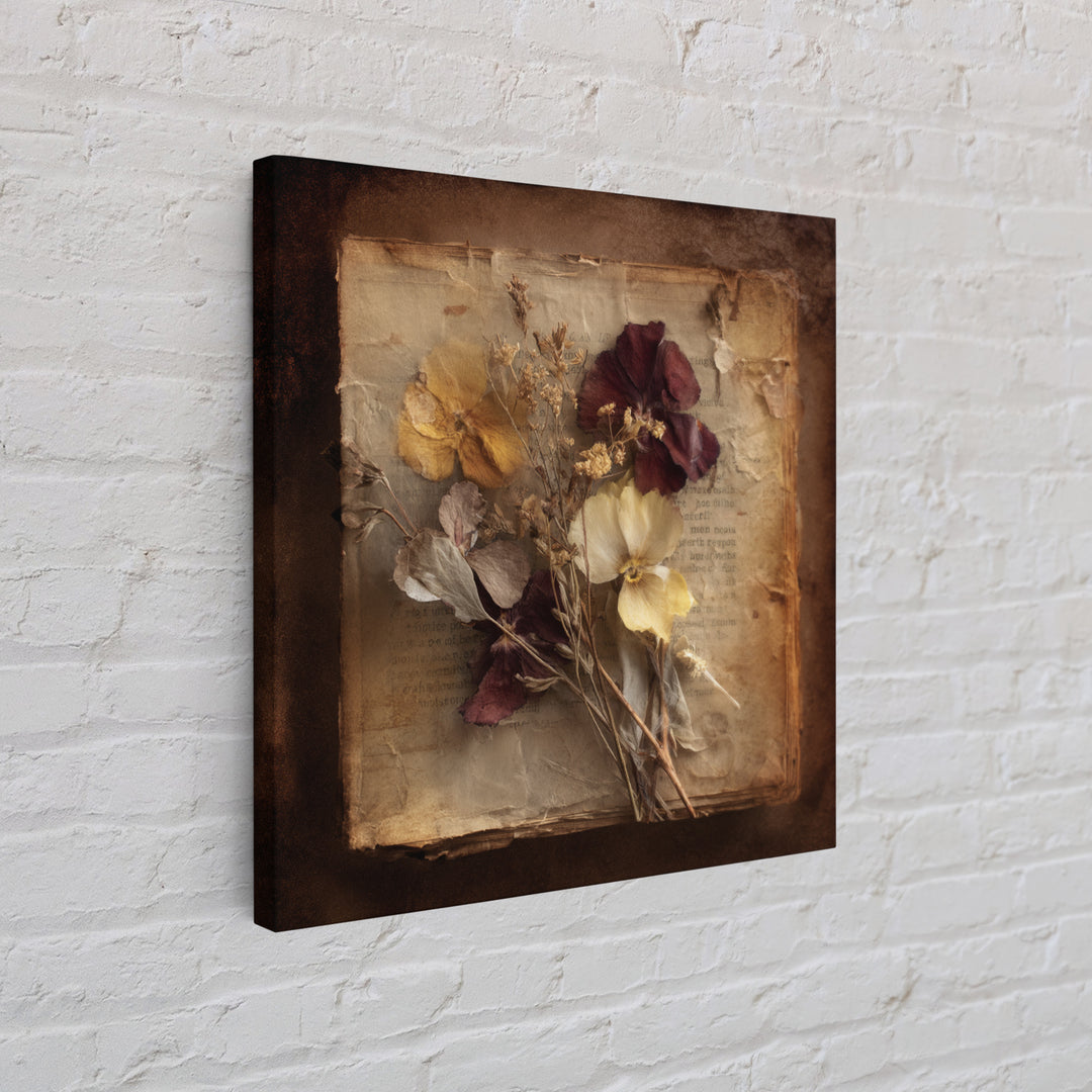 Botanical Pressed Flowers Inside Old Pages Canvas Print, Library Art, Painting, Library Decor, Oil Painting, Archive, LIB-1x1-81