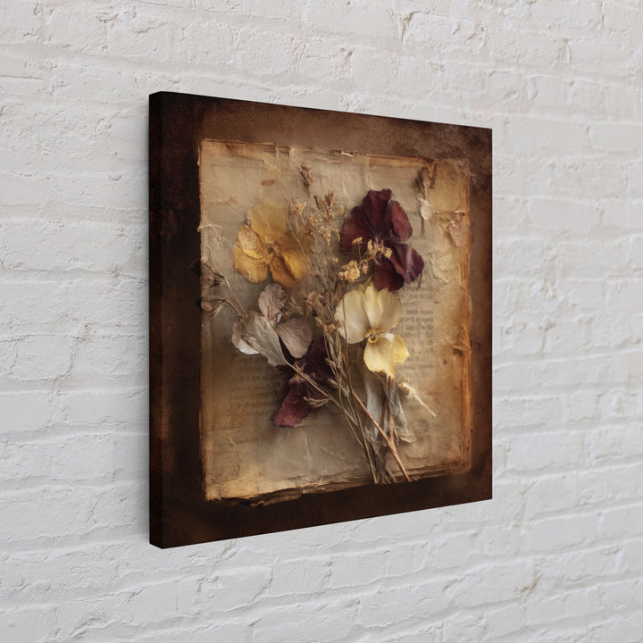 Botanical Pressed Flowers Inside Old Pages Canvas Print, Library Art, Painting, Library Decor, Oil Painting, Archive, LIB-1x1-81