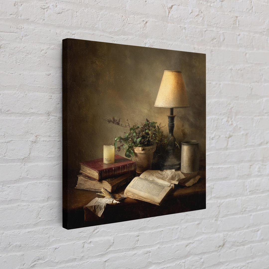 Warm Reading Lamp and Small Plant Still Framed Canvas Print, Library Art, Wall Art, Library Decor, Oil Painting, Archive, LIB-1x1-93