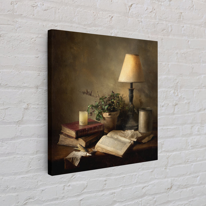 Warm Reading Lamp and Small Plant Still Framed Canvas Print, Library Art, Wall Art, Library Decor, Oil Painting, Archive, LIB-1x1-93