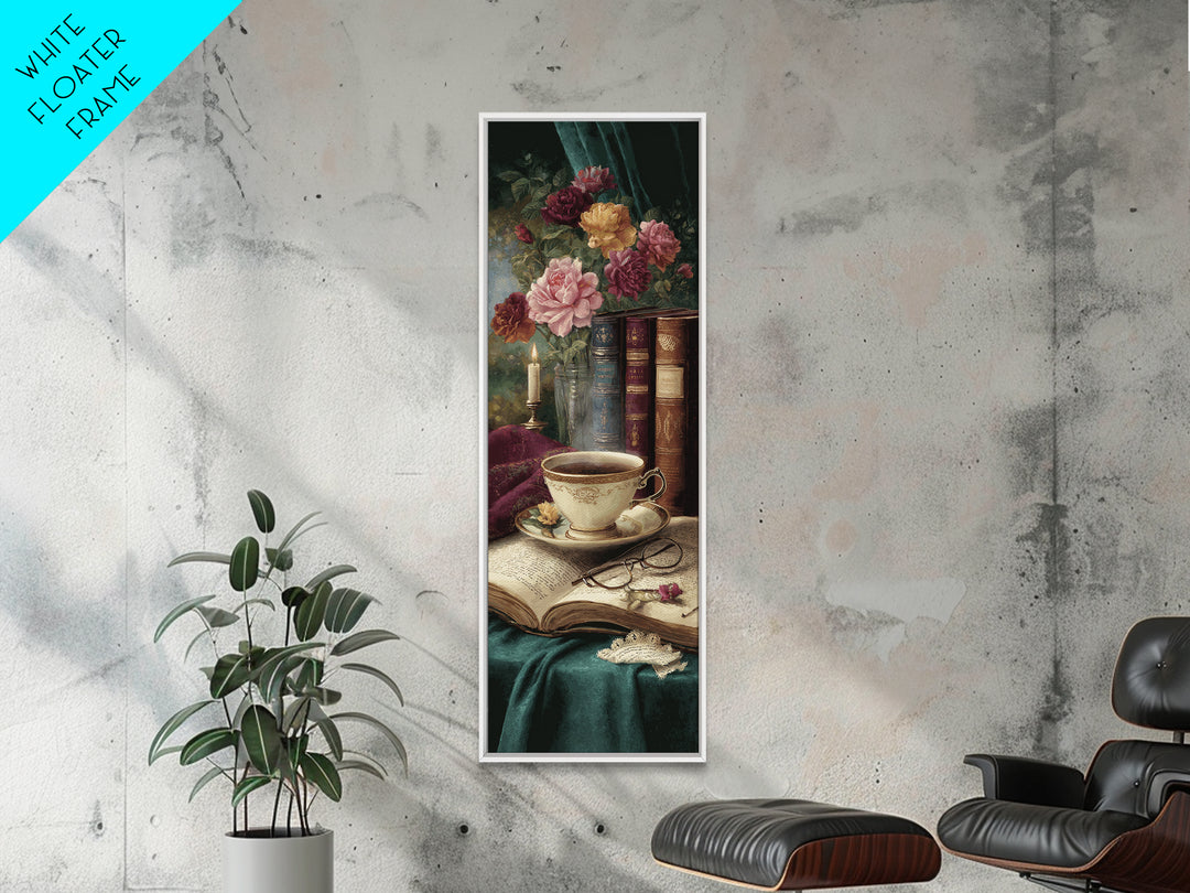 Teacup Beside a Novel and Roses Canvas Print, Library Art, Gothic Wall Decor, Library Decor, Fine Art, Archive, LIB-1x3-26