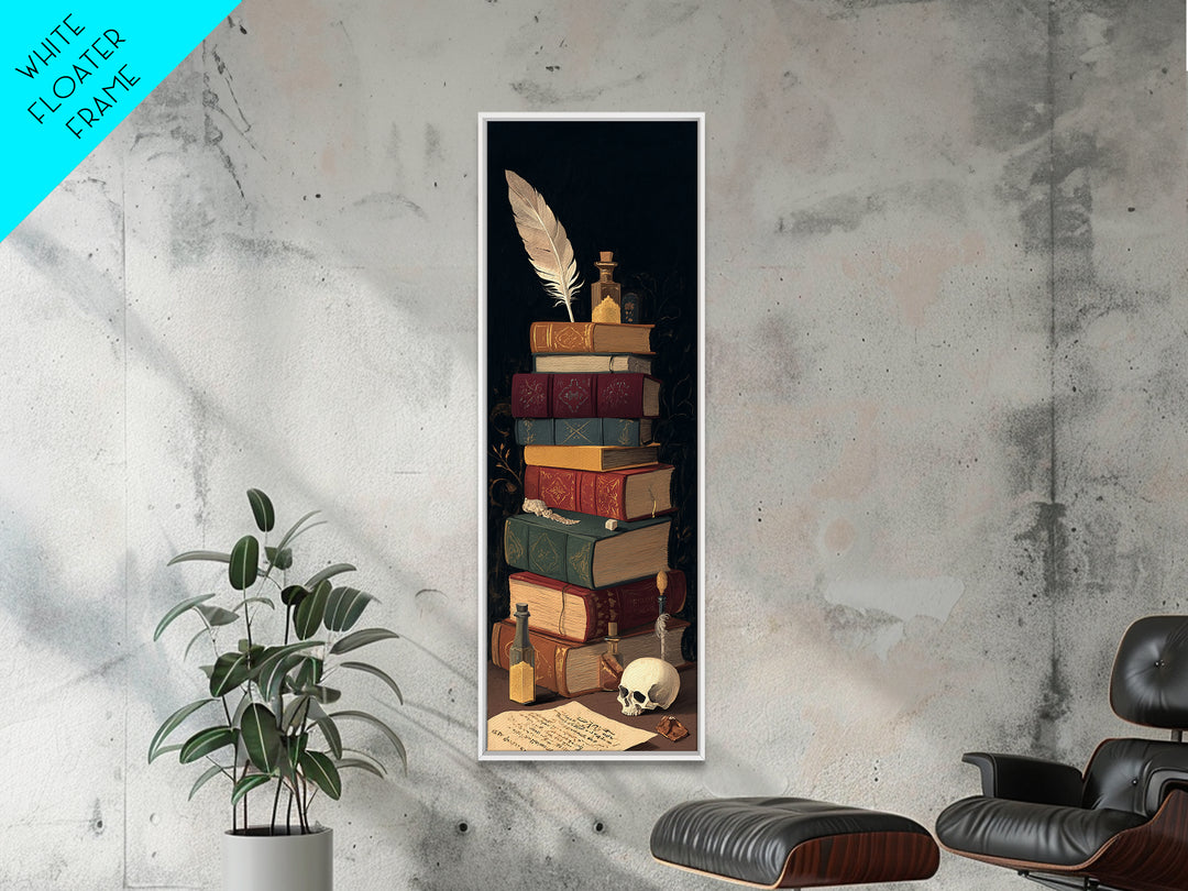 Dark Academia Skull Book and Quill Still Canvas Print, Library Art, Gothic Wall Decor, Library Decor, Fine Art, Archive, LIB-1x3-89