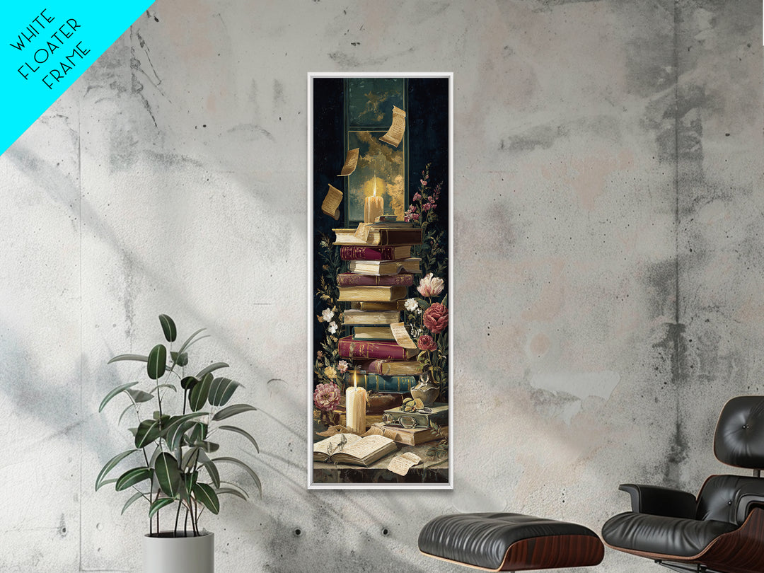 Moonlit Window with Floating Pages Framed Canvas Print, Library Art, Black Cat Art, Library Decor, Fine Art, Archive, LIB-1x3-92