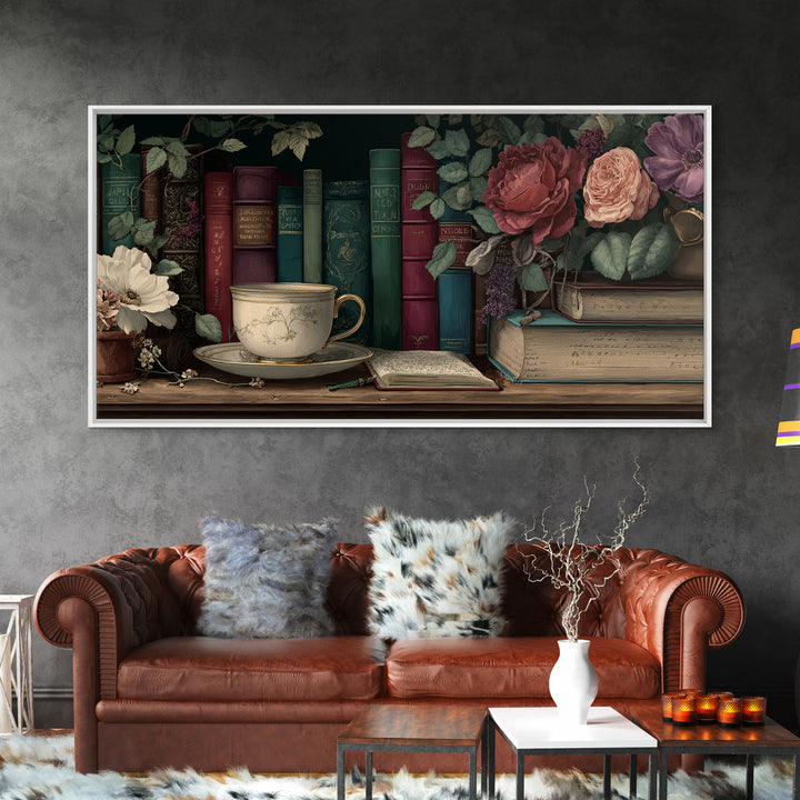 Teacup Beside a Novel and Roses Framed Canvas Print, Library Art, Contemporary Art, Library Decor, Fine Art, Archive, LIB-2x1-10